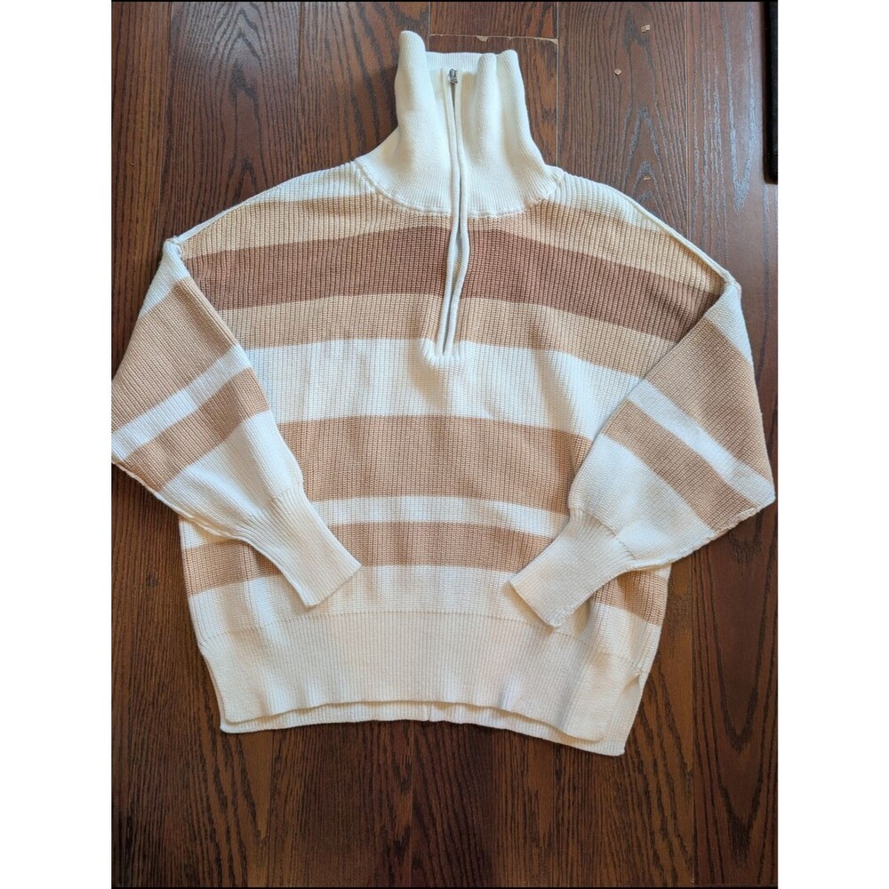 Aerie Women's Cotton Striped Half-Zip Sweater Cream Stripe Lounge Oversized Prep